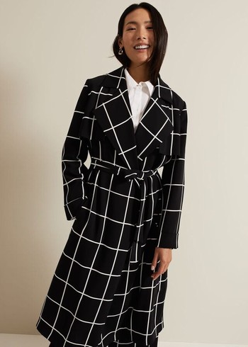 Phase Eight Aspen Check Drape Trench Coats Black/White Australia | WX3214576